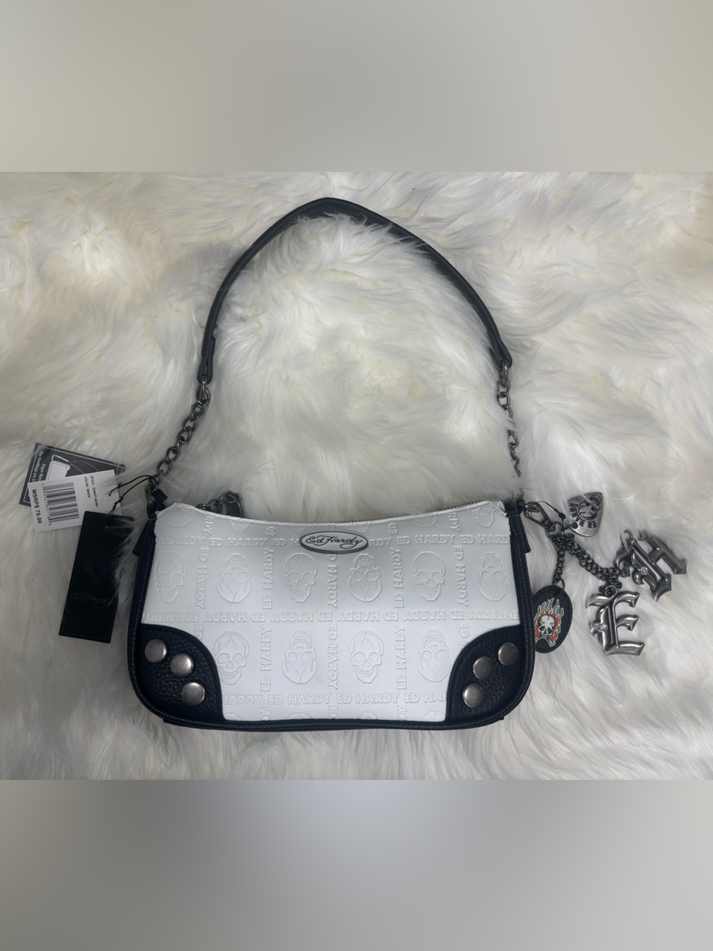 Ed Hardy White and Black Embossed Logo Shoulder Bag with Charms
